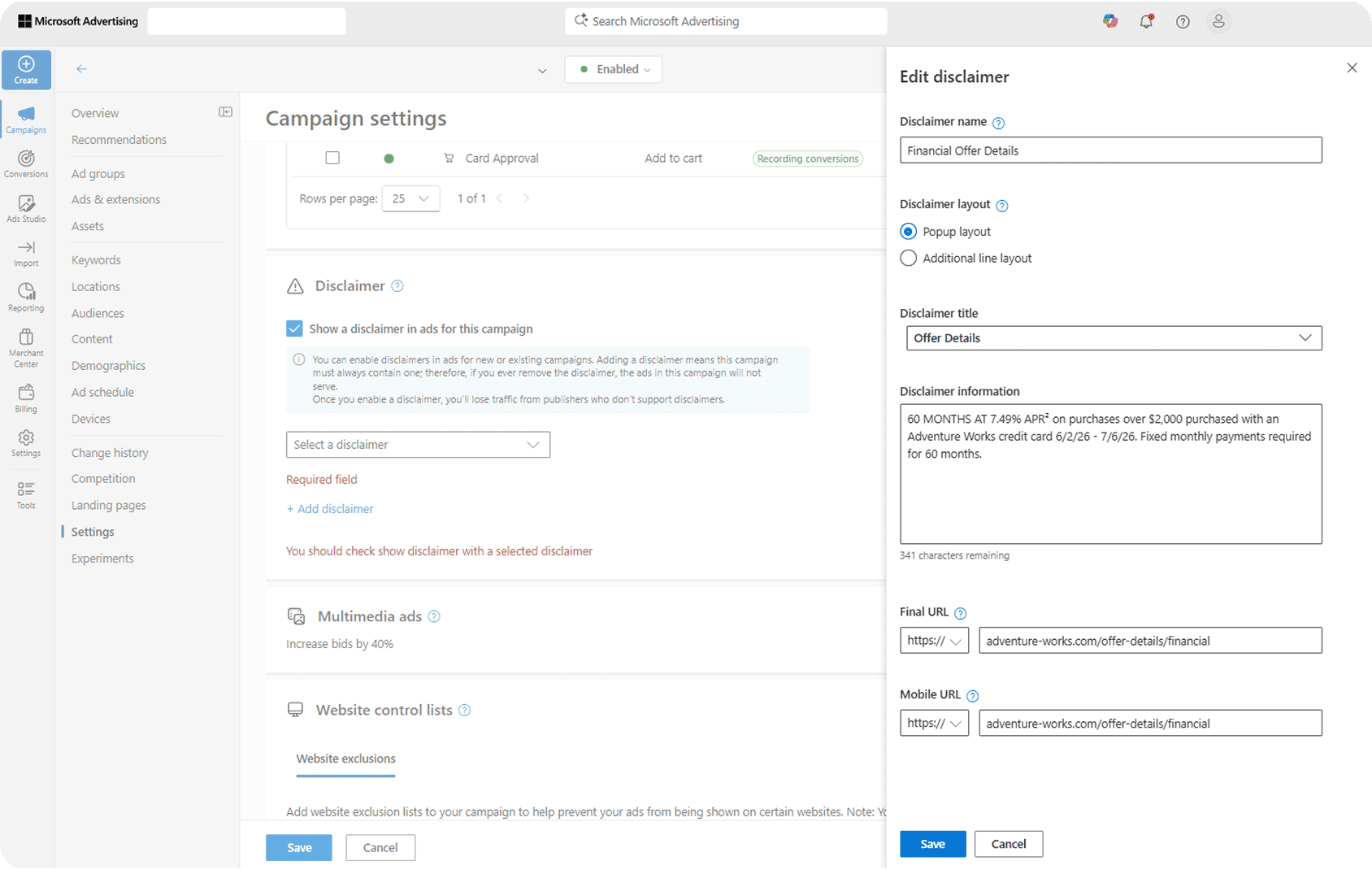 A screenshot for the workflow to edit disclaimers for popup layout