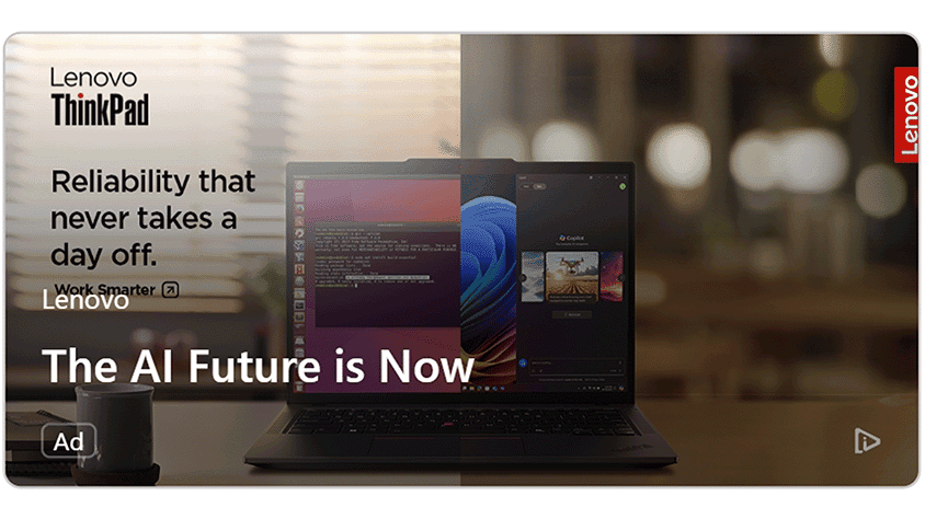 Lenovo ThinkPad carousel ad showing laptop on desk with AI features on screen