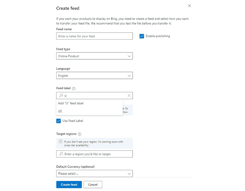 Microsoft 広告内のフィード ラベル設定。