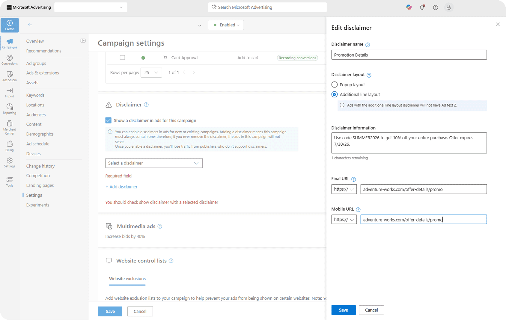 A screenshot for the workflow to edit disclaimers for additional line layout
